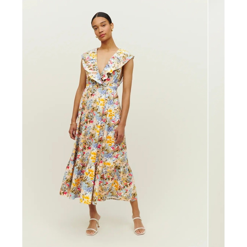 Reformation Reina Floral Ruffle V-Neck Open Back Midi Dress Multi-Color Size 2